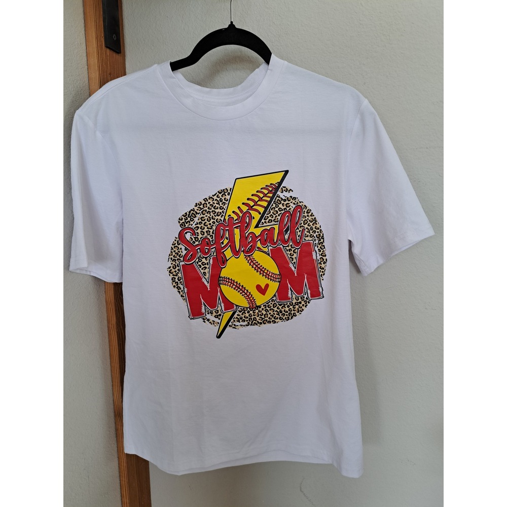 Softball Mom Graphic Tee White Leopard Print Lightning Bolt Short Sleeve T-Shirt